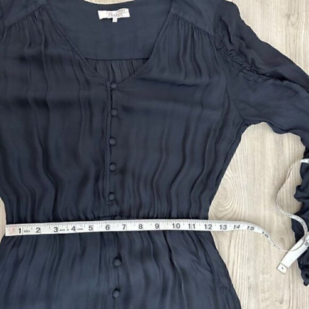 Parker Fletcher Ruched Sleeve Silk Long Sleeve Blouson Dress Midnight Blue Small - Picture 13 of 13